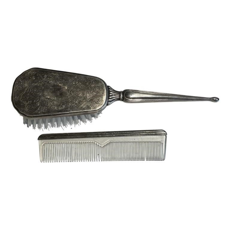 Vintage Hair Brush and Comb Silver Plated