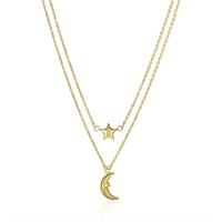 14k Gold Puff Moon & Star Double-strand Necklace