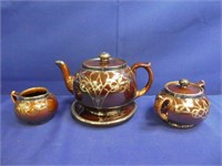 Silver Overlay Brown Pottery Tea Set
