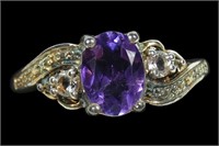Sterling silver oval cut amethyst ring with round