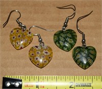 (2) Pairs Modern Murano Art Glass Heart Earrings
