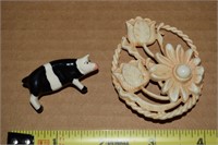 (2) Brooches w/ Parrot Pearls Pig + Plastic Floral