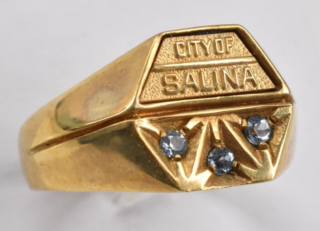 10K Gold & Aquamarine City of Salinas Mens Ring