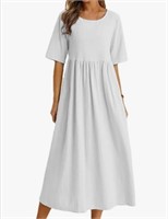 New (Size M) Women Cotton Linen Midi Dress Summer