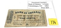 Obsolete 5-cents 1862 Ontario Bank note