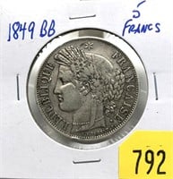 1849 BB French 5 francs