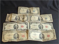 3 - $1 SILVER CERTIFICATES & 4 RED SEAL NOTES