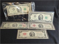 5 - $2 US NOTES: 3 FEDERAL RESERVE & 2 RED SEAL