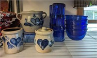 TERRACOTTA COOKIE JARS, BLUE BOWLS AND TUMBLERS