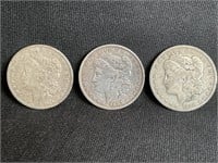 3 MORGAN SILVER DOLLARS: 1887, 1890-O, 1891-O