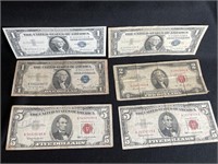 3 SILVER CERTIFICATES,1 - $2 BILL, 2 - $5 RED SEAL