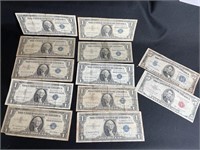 10 SILVER CERTIFICATES, 2 - $5 NOTES
