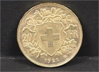 1922B 20 Swiss Franks
