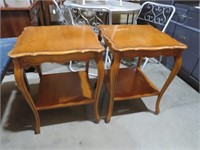 PAIR OF CHERRY FINISH TIERED SIDE TABLES