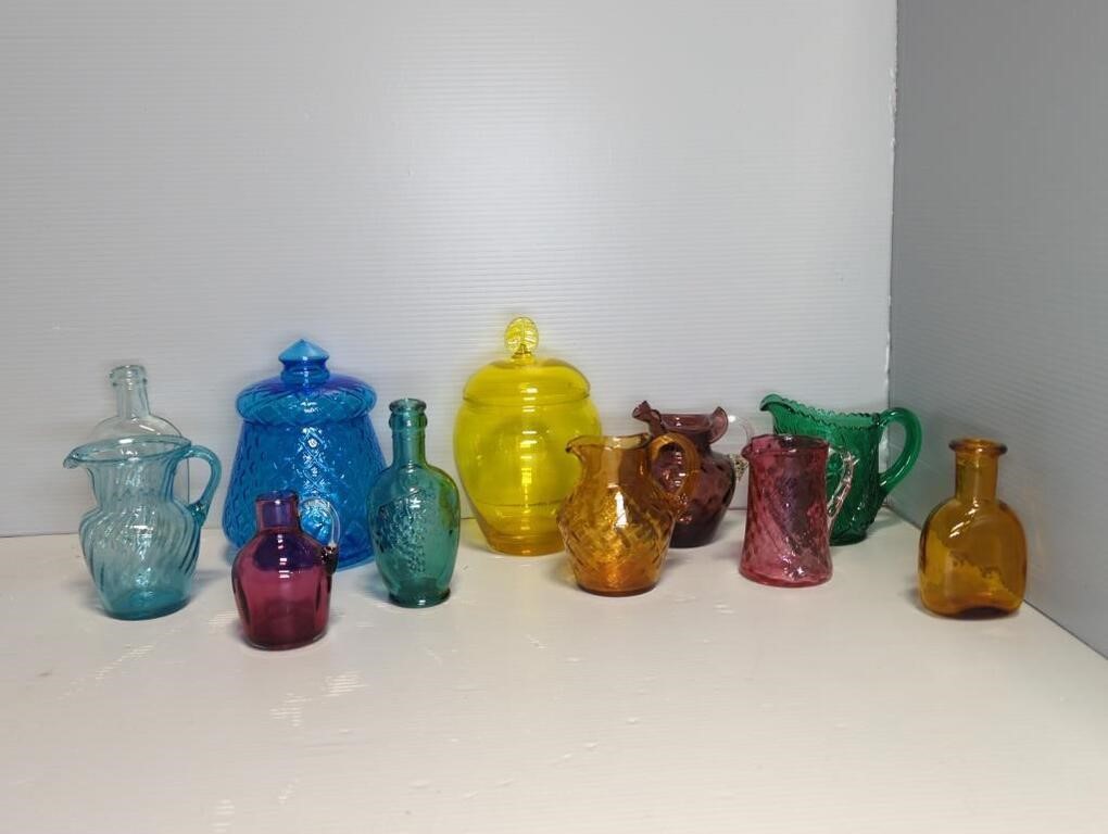 COLORED GLASS PITCHERS, BOTTLES