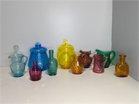 COLORED GLASS PITCHERS, BOTTLES