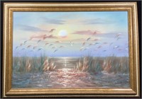 Signed Kent Seascape At Sunset With Seagulls