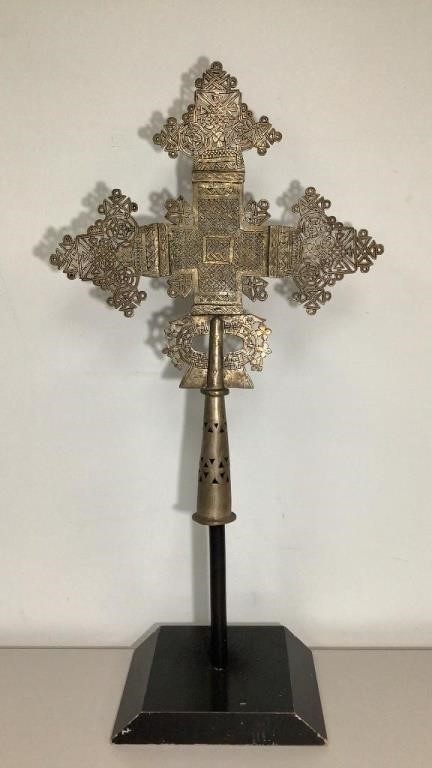 Ethiopian Metal Coptic Cross On Wood