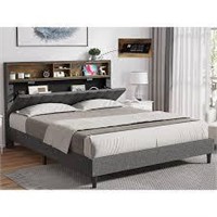 Full Size Bed Frame with USB Ports  Dark Grey