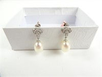 Sterling Silver CZ & Pearl Drop Earrings with Tag