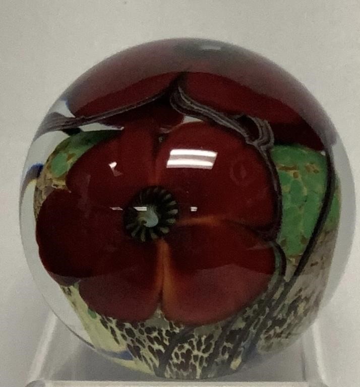 Signed Rick Satava Red Flower Paperweight
