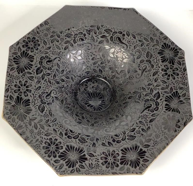 Vintage Black Amethyst Glass Etched Bowl