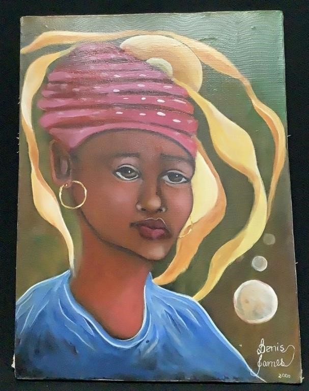 Signed African Woman Portrait By Benis James 2000