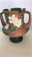 Roseville white rose trophy handled pottery vase