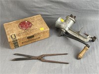 Meat Grinder, Vintage Curling Iron, Wooden Box