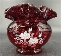 Fenton Hp Ruby Crimp Vase Artist Signed Uv
