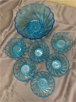 Set of 7 Hazel Atlas Capri Blue Swirl Glass Bowls