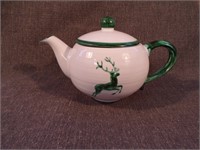 Gmundner Keramik White w/ Green Stag Deer Tea Pot