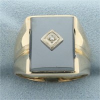 Mens Hematite and Diamond Signet Ring in 10k Yello