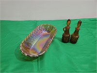 Amber Glass Oil and Vinegar Bottles,  Oval Dish