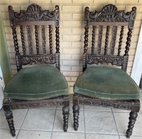 Antique Carved Wooden Chairs with Green Cushions
