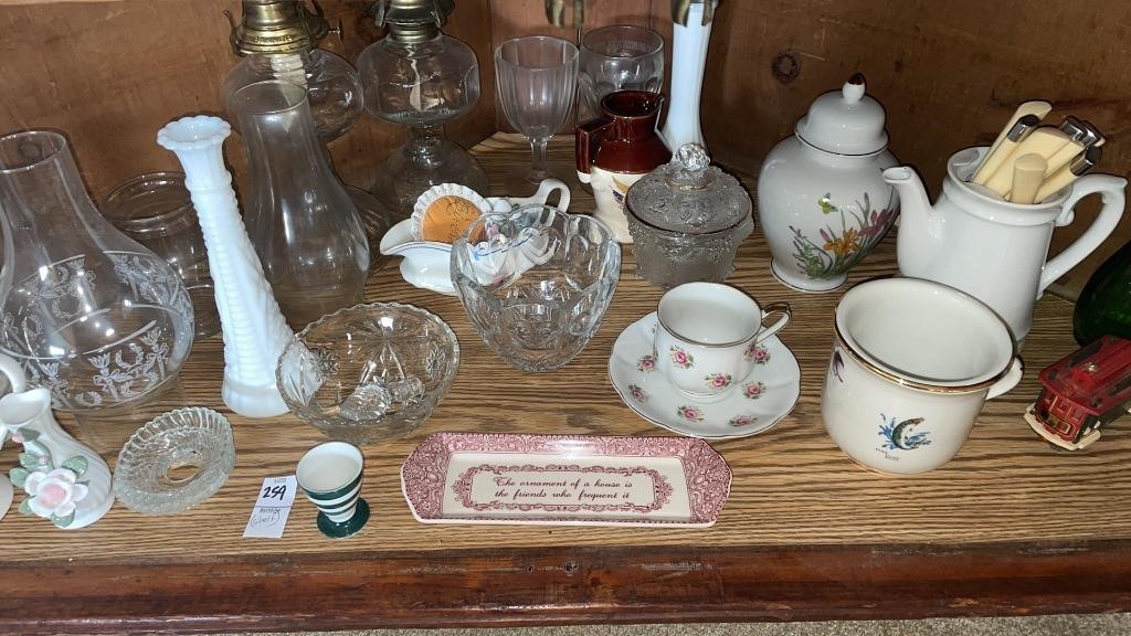 Vintage  oil lamps, glass &dishes- variety of