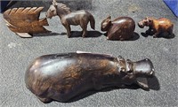 5 Iron Wood Animals- Hippos, Horse, Fish, &