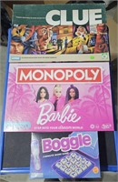 3 Family Board Games- Barbie Monopoly, Boggle &