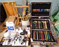 LG LOT ART SUPPLIES W/ PAINTS, COLORED PENCILS