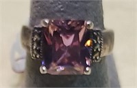 Pink zirconia/Marcasite Sterling Silver Ring 7.5