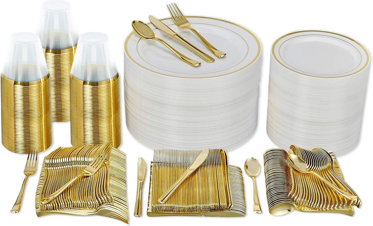 600pc Gold Plastic Dinnerware Set - 100 Guests