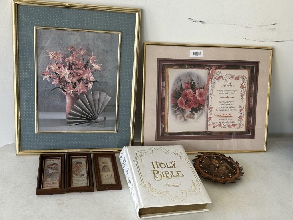 Framed Pictures, Family Bible, Angel Wall Clock