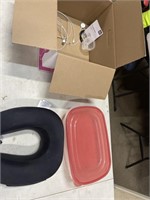 Box Rubbermaid bowl and neck pillow misc