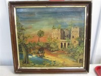 Oil on Canvas Folk Art Castle Scene 24”x20” Frame