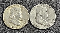 2 Ben Franklin Silver Half Dollars  1952 S, 1958 P