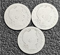 3 Barber Quarters .9 Silver (3) 1909