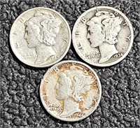 3   .9 Silver Mercury Dimes 1944 P, 1934 P, 1942P