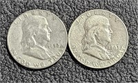 2 Ben Franklin Silver Half Dollars  1952 S, 1963 D