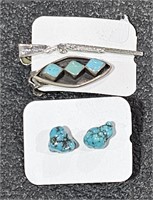 Pair Tourquise Stone Earrings, 2 Tie Clips