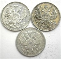 1908 1909 1913 20 Kop AU/UNC Russia Silver Scarce